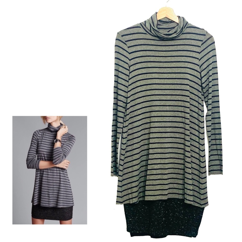 Bailey 44 Anthropologie Wool & Silk Blend Gray Navy Blue Striped Dress Small